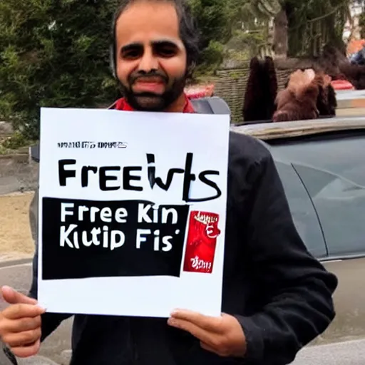 Image similar to photo of emad holding a sign saying free kittens