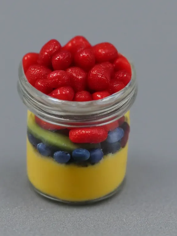 Image similar to 3 5 mm detailed miniature diorama of plastic jar of yogurt filled with fruits