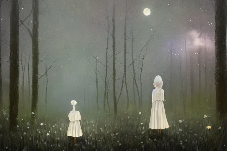 Image similar to giant white daisy flower head, girl walking in dark forest, surreal photography, dark night, stars, moon light, impressionist painting, clouds, digital painting, artstation, simon stalenhag