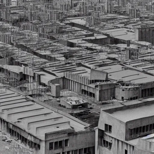 Image similar to brutalist city, prison city, totalitarian prison island, rundown buildings, military buildings, prison complex, colorized 3 5 mm photo