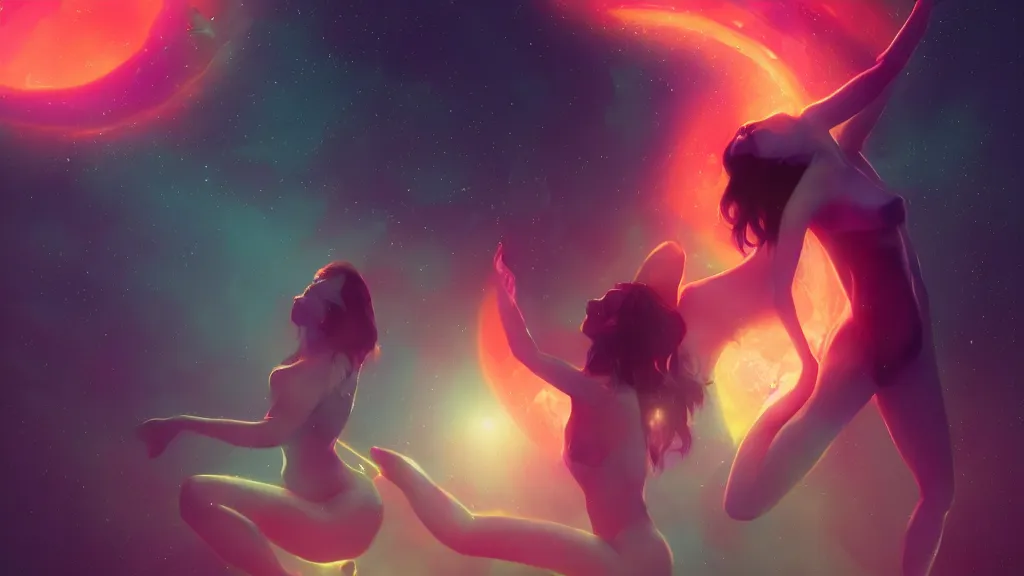 Image similar to beautiful seductive women standing in a lake reaching for the sky, underneath a multi-colored binary blackhole with an accretion disc, by Lois van Baarle, by Greg Rutkowski, by artgerm, by beeple, cinematic angle, volumetric lighting, 4k resolution, octane render, trending on artstation