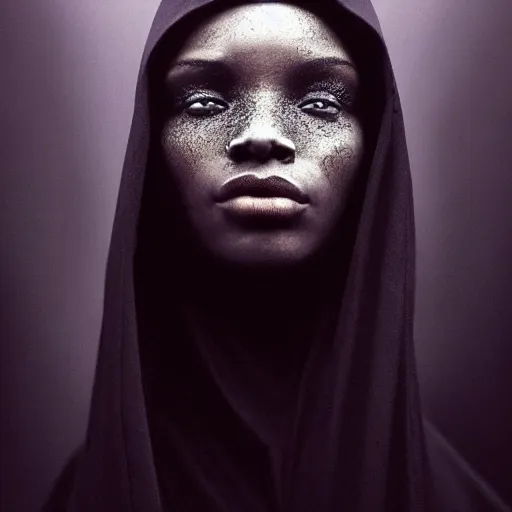 Image similar to a portrait of a young black woman wearing a long dark cloak, hood and shadows covering face, anatomically correct, beautiful perfect face, enigmatic, oil painting, matte painting, black background, Volumetric dynamic lighting, Highly Detailed, Cinematic Lighting, Unreal Engine, 8k, HD, by Beksinski