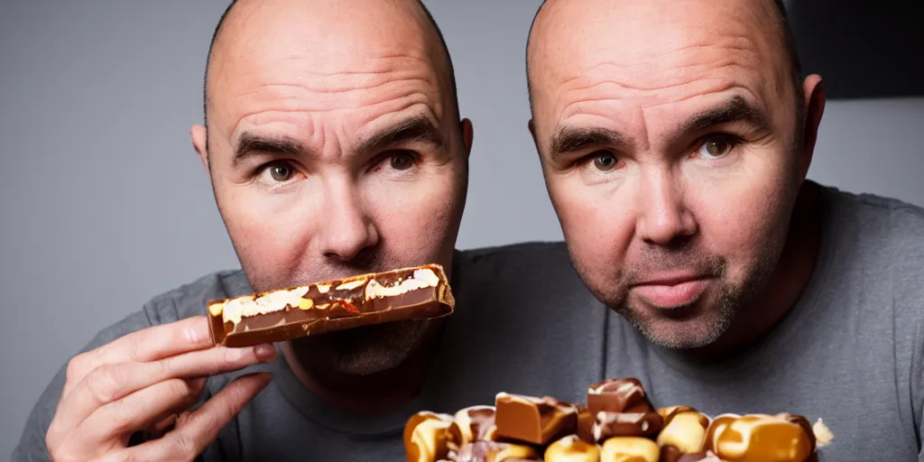 Image similar to 4 k hd, high detail photograph of karl pilkington eating a twix chocolate bar, shot with sigma f 1. 8 sharp lens, wide shot