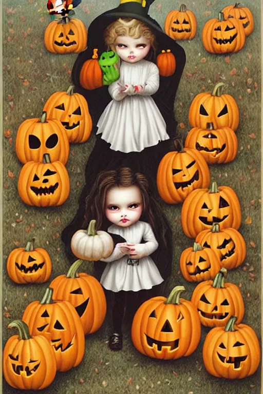 Image similar to halloween pumpinks children trick or treating in low brow style by mark ryden