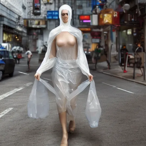 Image similar to woman in a translucent clothing made from plastic bag with paper bags for clothes standing inside paper bags with paper bag over the head on a busy street, 4k, trending on artstation, octane render, art by artgerm and greg rutkowski and alphonse mucha and craig mullins and James Jean and Andrei Riabovitchev and Marc Simonetti and peter mohrbacher