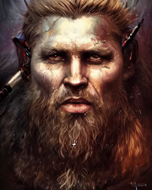 Image similar to Official photo of a majestic fierce barbarian man, leader, strong, highly detailed, viking attire, cinematic, 16k, 1080s, by Stanley Artgermm, Tom Bagshaw, Greg Rutkowski, Vincent di Fate, Carne Griffiths, Ayami Kojima, WLOP, trending on DeviantArt, hyper detailed, full of color, digital art,