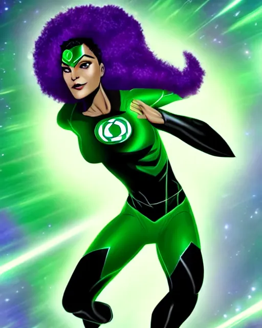 Image similar to photos of a real life soranik natu soaring thru outer space as a Green Lantern beautiful, photogenic, purple skin, short black pixie like hair, photorealistic, cinematic