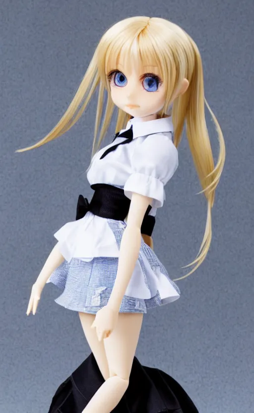 Image similar to dollfie in school uniform, blonde hair, blue eyes, black skirt and white blouse