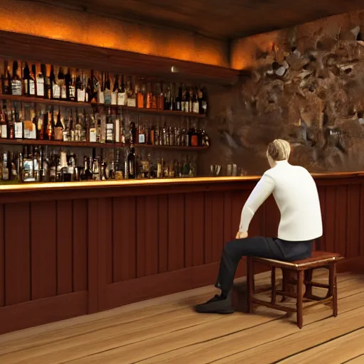 Image similar to a man sitting in a bar about to make a fundamental decision for his life, he is uncertain, but he knows he would rather have remorse than regret, 3d render