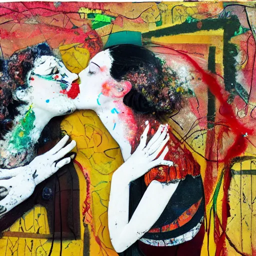 Image similar to two women kissing at a carnival, mixed media collage, futuristic, paper collage, magazine collage, acrylic paint splatters, bauhaus, claymation, layered paper art, sapphic visual poetry expressing the utmost of desires by jackson pollock