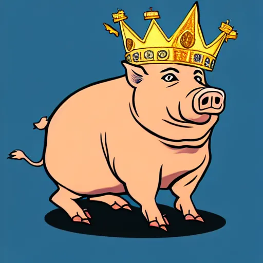 Image similar to standing pig wearing a gold crown on it's head illustration concept art in the style of Arthur Adams, full body 8k