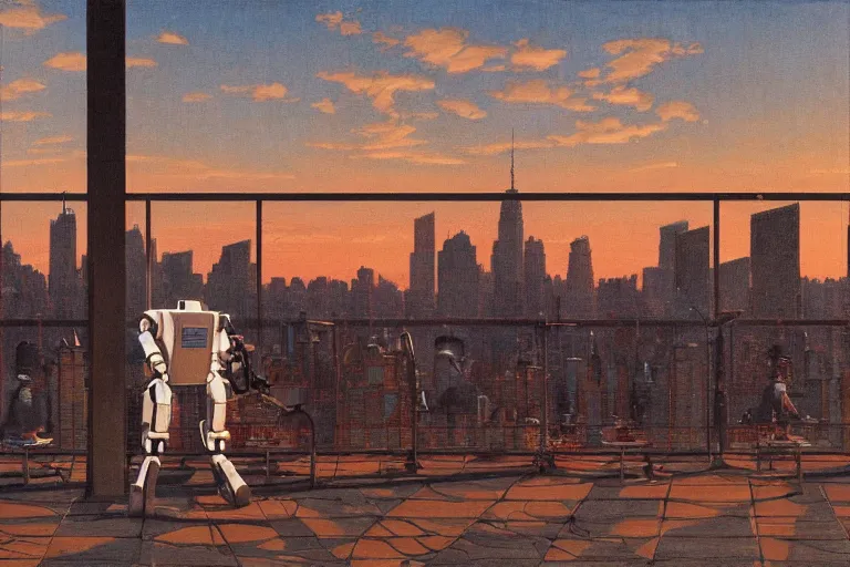 Image similar to painting of a robot, in a rooftop, watching new york, beautiful, sunset, romantic, by ludwig deutsch and maxfield parrish, patterned tilework, extremely detailed, cinematic lighting, smooth sharp focus