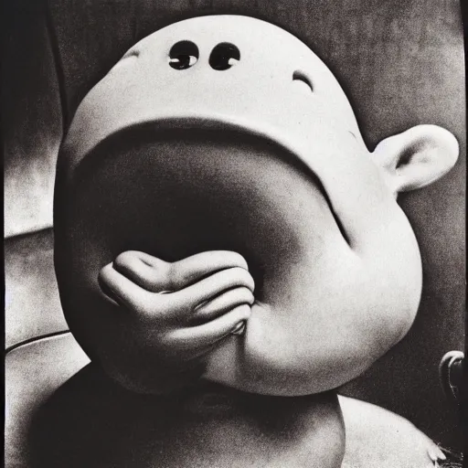 Prompt: a black and white polaroid photo of [ a homunculus with a nose for a head and a chubby body ], by robert crumb, by jim henson, by gary baseman, high contrast, soft lighting, surreal, film photography