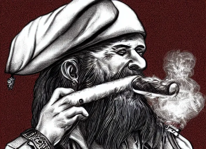 Prompt: a bearded pirate smoking a cigar, digital art