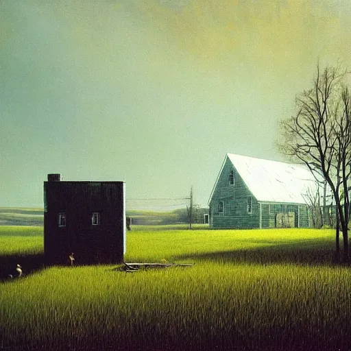 Image similar to An American house on a field with a skinwalker hidden oil painting in style of Zdislaw Beksinski