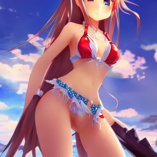 Image similar to a giant macro very beautiful young yuuki asuna, full body, long wavy hair, sky blue eyes, full round face, bikini, miniskirt, standing next to a dwarf, cinematic wallpaper by stanley artgerm lau