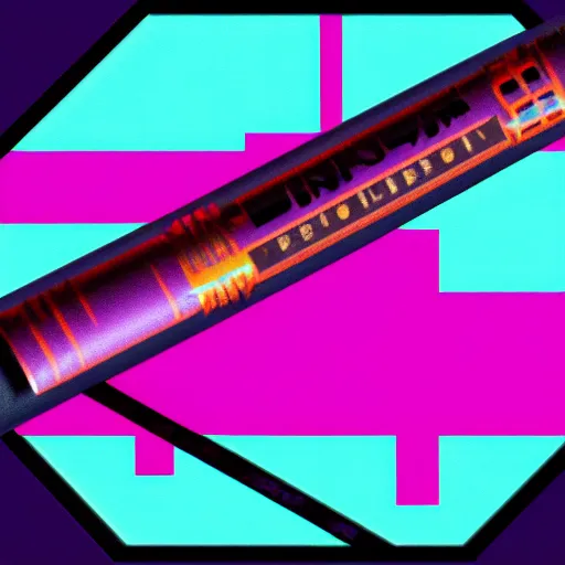 Prompt: A synthwave cigar inspired by Tron, Trending on Artstation, Digital screenshot,. Faded film grain, 1980s Computer Graphics,