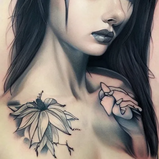 Image similar to tattoo design, beautiful portrait of a girl looking up and to the right by artgerm, artgerm