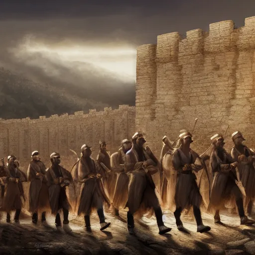 Image similar to Matte painting of a row of men in Biblical outfits marching in front of the walls of Jericho. People are standing on the walls looking down at them. sunrise, epic, cinematic lighting, detailed digital art trending in artstation