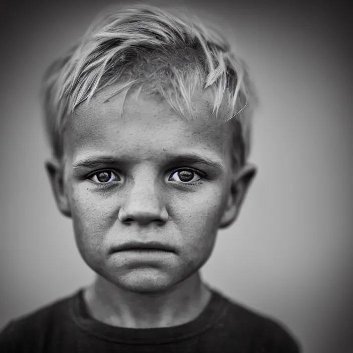 Prompt: portrait of kid antony starr, slightly smiling. looking towards the camera, by lee jeffries. blonde hair. detailed, 4 k, morning hour.