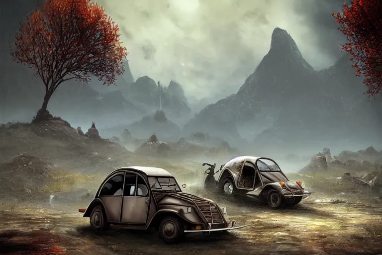 Image similar to daedric offroad citroen 2 cv ( 1 9 6 5 ) driving across the rift, daedric axe stored on the side of the car, leather and cloth traveller backpacks on roof, riften city in the background, epic fantasy, autumn, the elder scrolls v : skyrim, dramatic lighting, establishing shot, by simon stalenhag