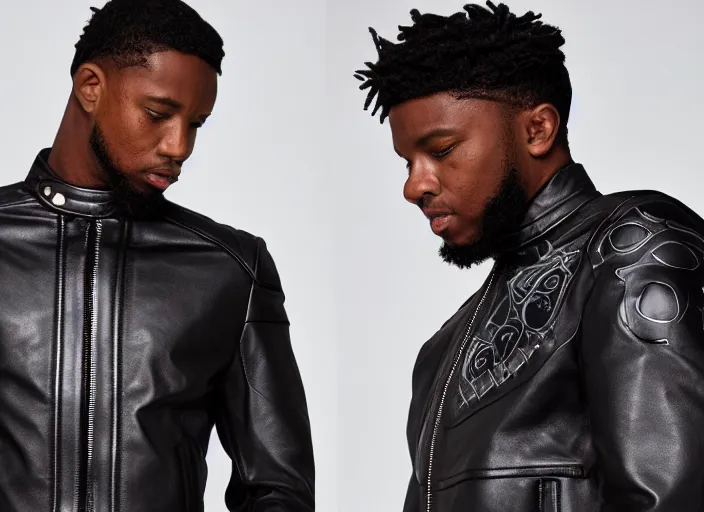 Image similar to product still of Black Panther signature leather jacket, black with silver panther teeth accents, 85mm f1.8