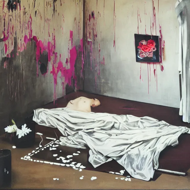 Image similar to bedroom with black walls and a futon, sensual portrait of a woman sleeping, cracked handmade pottery vase, candles, white flowers on the floor, puddle of water, octopus, squashed berries, neo - expressionism, surrealism, acrylic and spray paint and oilstick on canvas