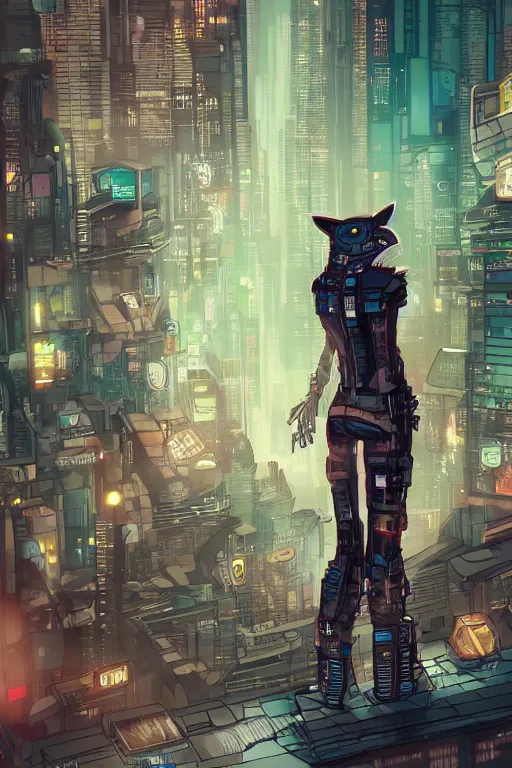 Image similar to a cyberpunk anthropomorphic fox with a fluffy tail staring over a futuristic city from the top of a roof, comic art, trending on furaffinity, cyberpunk, backlighting, cartoon