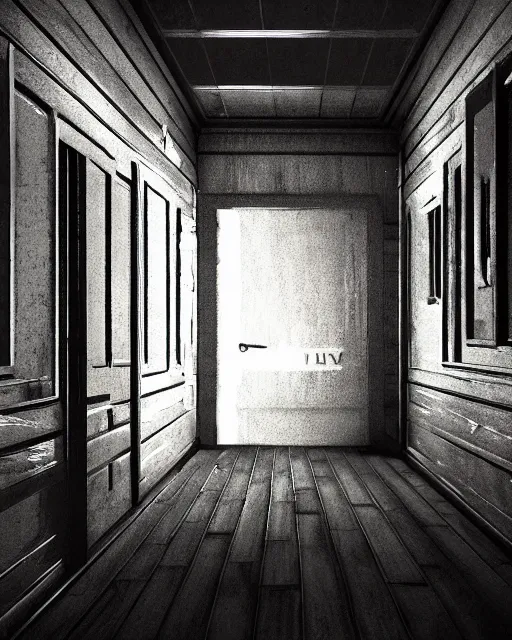 Image similar to Resident Evil 7, American gothic interior, wooden floor, atmospheric, nighttime scene, photorealistic narrow hallway with broken windows, horror