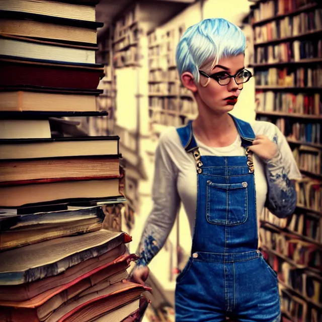 Image similar to full body pose, beautiful adult book fairy, pixar, short white hair shaved sides, dirty, grungy, grunge, long sleeve, painted overalls, stacks of giant books, highly detailed, 4 k, hdr, smooth, sharp focus, high resolution, award - winning photo, artgerm, photorealistic