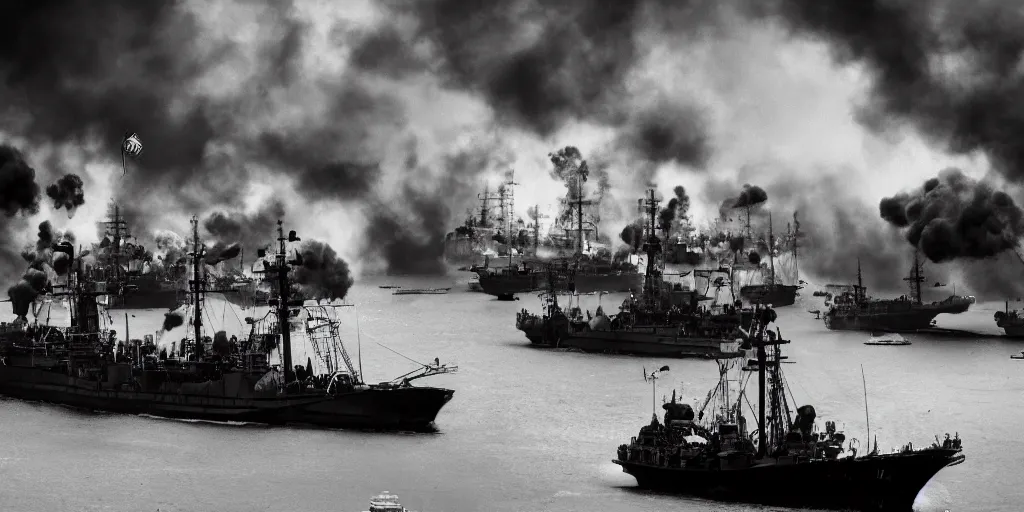 Prompt: naval battle between steampunk cruisers, bombshells firing, clouds of smoke, wide shot, high res, 120 black and white film