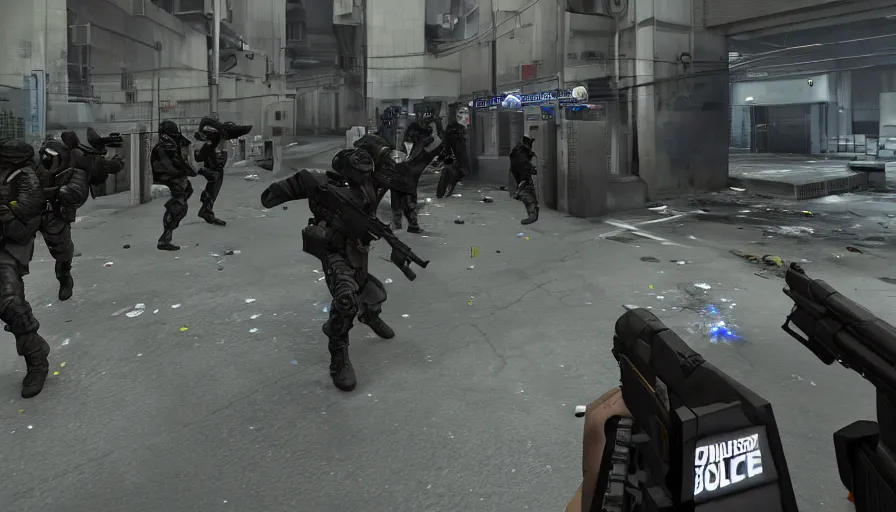 Prompt: 2020 Video Game Screenshot, Anime Neo-tokyo Cyborg bank robbers vs police, Set inside of the Bank, Open Vault, Multiplayer set-piece Ambush, Tactical Squads :9, Police officers under heavy fire, Police Calling for back up, Bullet Holes and Realistic Blood Splatter, :6 Gas Grenades, Riot Shields, Large Caliber Sniper Fire, Chaos, Metal Gear Solid Anime Cyberpunk, Akira Anime Cyberpunk, Anime Bullet VFX, Anime Machine Gun Fire, Violent Action, Sakuga Gunplay, Shootout, :7 Inspired by Escape From Tarkov :6, Intruder + Akira :12 by Katsuhiro Otomo: 19, 🕹️ 😎 🔫 🤖 🚬