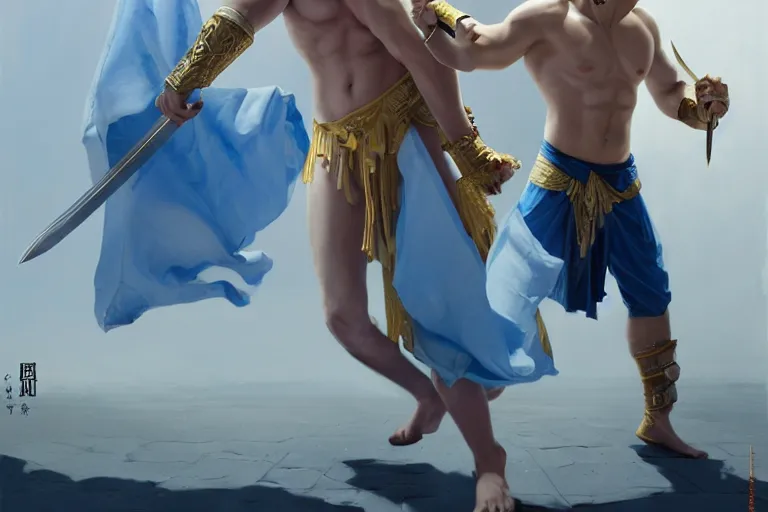 Prompt: a blond man in a blue suit with a sword fighting a bare chested asian gladiator, organic painting, sunny day, matte painting, bold shapes, hard edges, street art, trending on artstation, by huang guangjian, gil elvgren, ruan jia, randy vargas, greg rutkowski