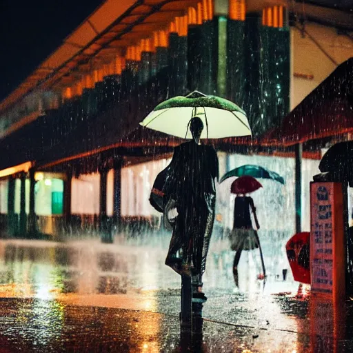 Image similar to A rainy night outside a Singaporean hawker centre, award-winning photography, cinematic lighting