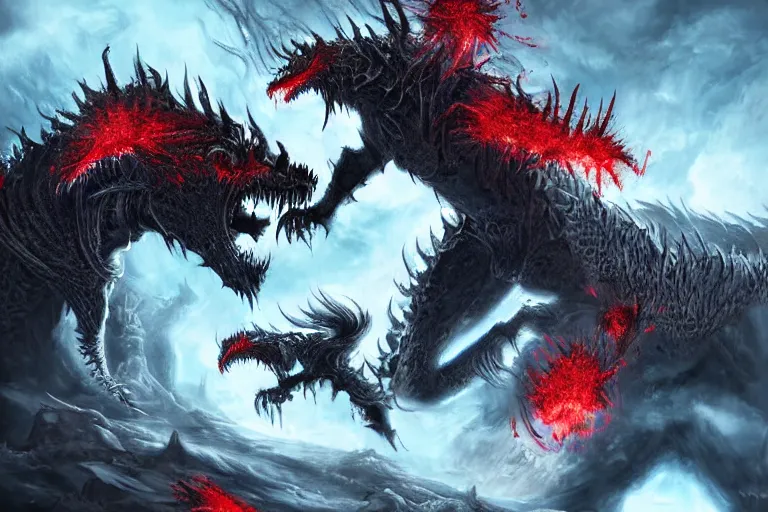 Prompt: ultra-detailed epic artwork of blood lord fighting black angel in the battle of humans with blood dragons in the bone valley digital art hd 8k ultra-detailed