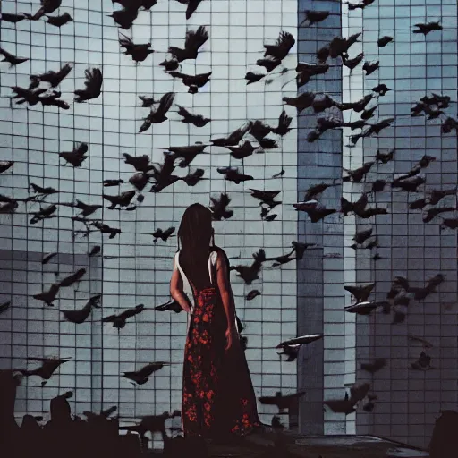 Image similar to “a woman wearing a dress that is turning into a flock of pigeons, standing on the roof of an urban building in NYC, fashion photography, photorealistic, bloom lighting”