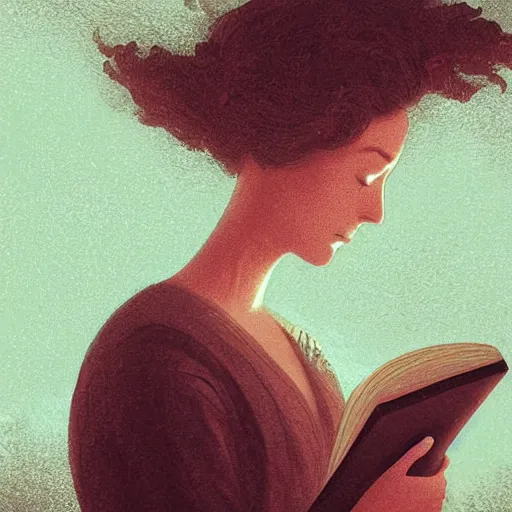 Prompt: mysterious and detailed depiction of a woman reading a book, evokes a sense of wonder, dramatic lighting, digital art, critical detail, sharp focus, a simple textured vector based illustration, cinematic, contrasting colors, atmospheric dreamscape painting, wlop by ( artstation jeremiah ketner and leonardo da vinci and greg rutkowski )