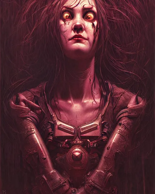 Image similar to d. va from overwatch, character portrait, portrait, close up, concept art, intricate details, highly detailed, horror poster, horror, vintage horror art, realistic, terrifying, in the style of michael whelan, beksinski, and gustave dore