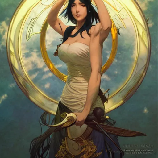 Image similar to highly detailed vfx portrait of nico robin, greg rutkowski, makoto shinkai, alphonse mucha, sharp focus, art by artgerm and greg rutkowski, backlit, harsh overhead sunlight, blue eyes,