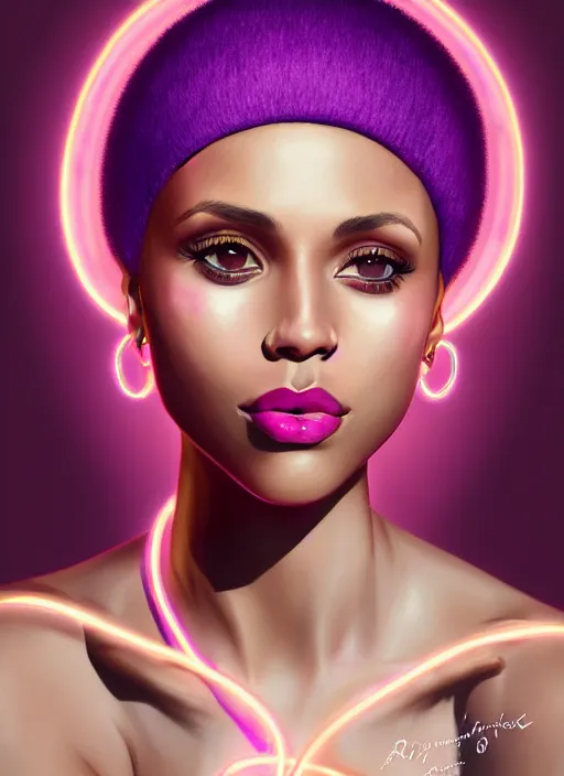 Image similar to portrait of vanessa morgan with bright pink hair, curly pixie cut hair, wearing a purple breton cap, breton cap, hoop earrings, intricate, elegant, glowing lights, highly detailed, digital painting, artstation, concept art, smooth, sharp focus, illustration, art by wlop, mars ravelo and greg rutkowski