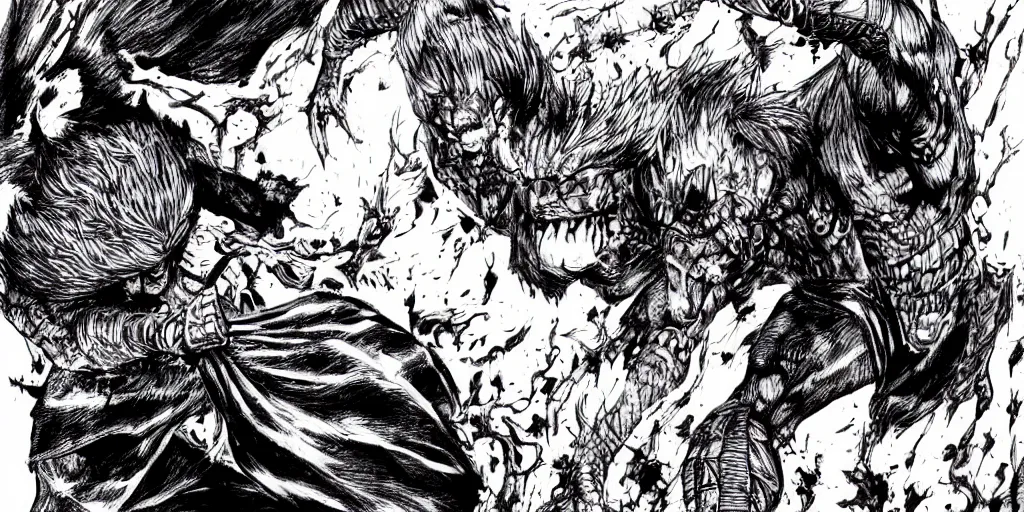 Image similar to Guts from the Berserk manga fighting a demon, manga style, high-detailed illustration