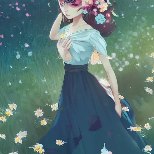 Image similar to a pretty girl with flowers in her hair, wearing a flowing dress, forest background, anime key visual, lois van baarle, ilya kuvshinov, rossdraws, artstation