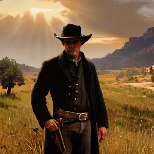 Prompt: clean shaven, tan, middle - aged christian priest with dark hair in dark clothing, three fourth shot, intricate, in front of landscape, red dead redemption 2, concept art, highly detailed, digital painting, artstation, oppressive lighting, concept art, sharp focus, illustration, art by greg rutkowski and alphonse mucha