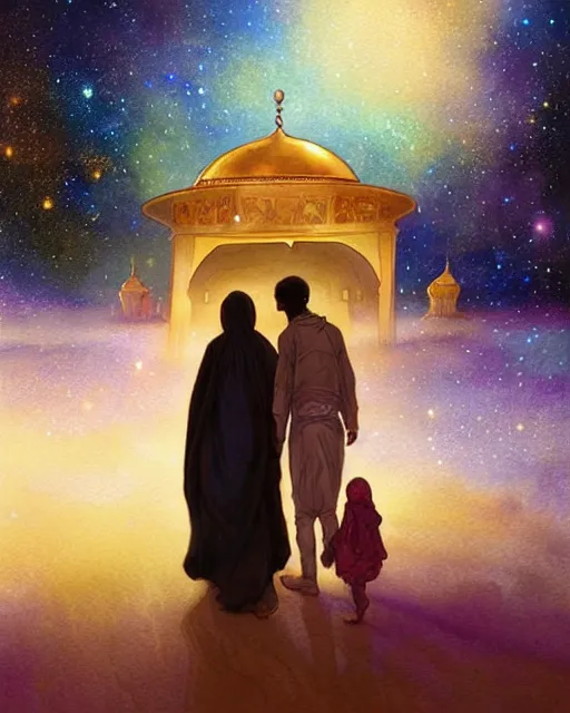 Image similar to bedouin man and woman and child in galaxy walking towards mosque surrounded by nebula, highly detailed, gold filigree, romantic storybook fantasy, soft cinematic lighting, award, disney concept art watercolor illustration by mandy jurgens and alphonse mucha and alena aenami, pastel color palette, featured on artstation