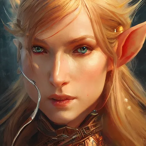 Image similar to A head-on detailed oil fantasy portrait of a pretty elf woman with subtle copper horns, long blonde hair and bright copper irises, by greg rutkowski and artgerm, trending on artstation, dungeon and dragons art