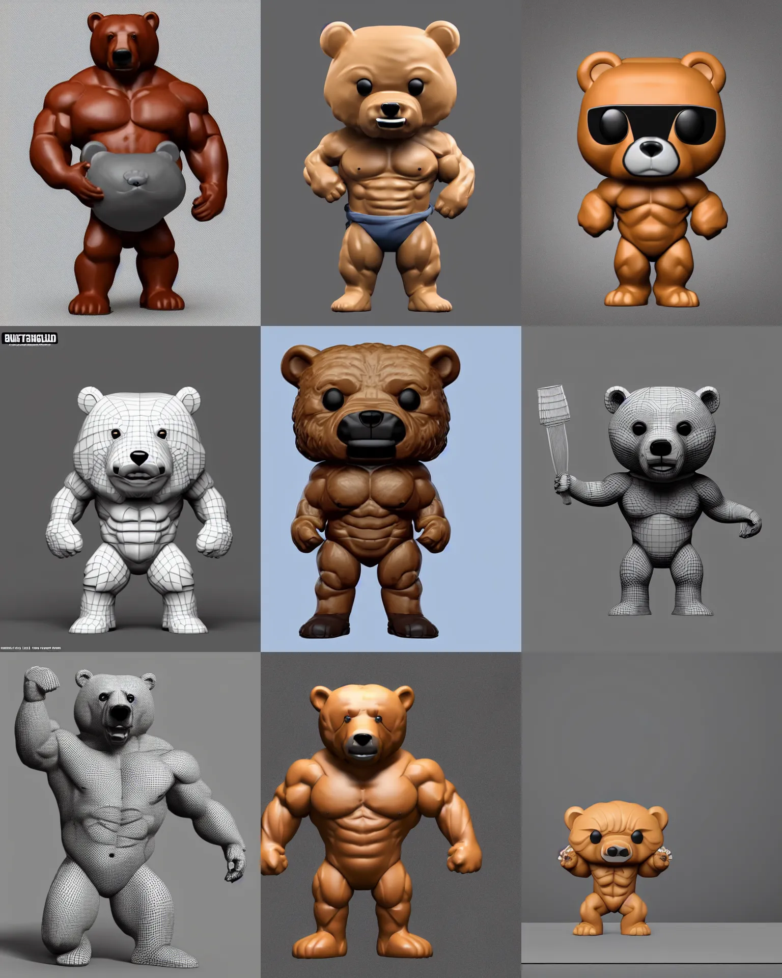 Prompt: full body 3 d render of bodybuilding bear as a funko pop!, studio lighting, grey background, no shadow, blender, trending on artstation, 8 k, highly detailed