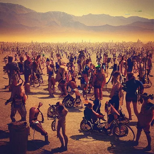 Image similar to “renaissance painting of people at burning man black rock city with steampunk costumes and loud music”