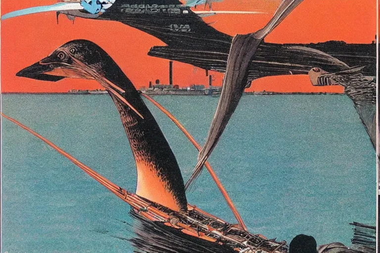 Prompt: 1 9 7 9 omni magazine cover of japanese cormorant fishing near tokyo. art in cyberpunk style by dali, and vincent di fate