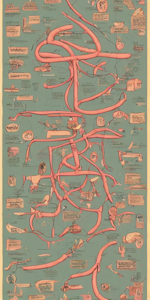 Image similar to anatomy of a futurama, diagrams, map, marginalia, sketchbook, old script, inhabited initials, pastel infographic by Wes Anderson and victo ngai