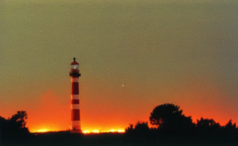 Prompt: red beam of light from lighthouse rotating over the field, night, unsettling, smoke and fire on the horizon, photo 1998